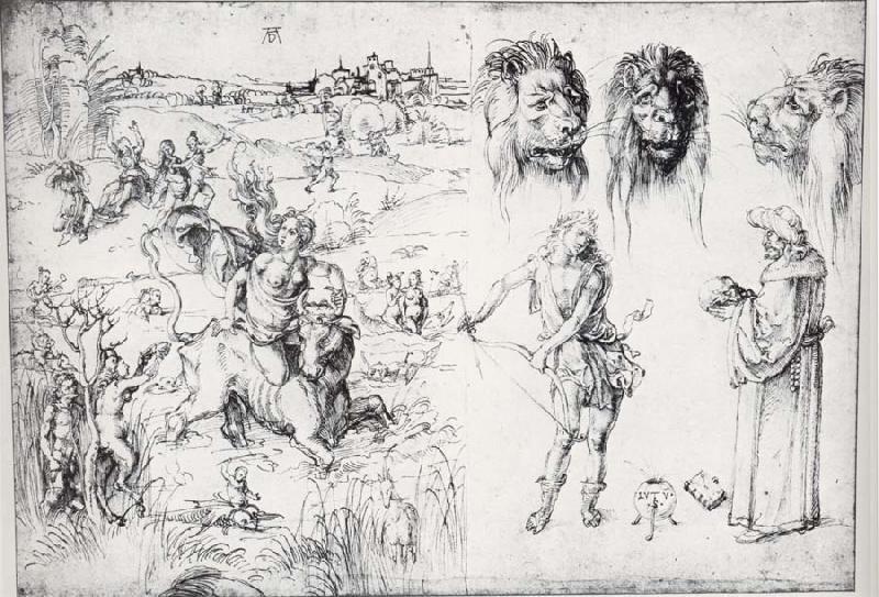 Albrecht Durer Sketch Sheet with the Rape of Europa